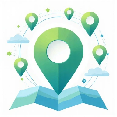 Stylized map pin with contact details