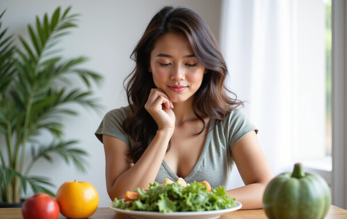 A thoughtful person looking at a healthy meal, contemplating wellness and positive life changes, in a calm and inviting setting.