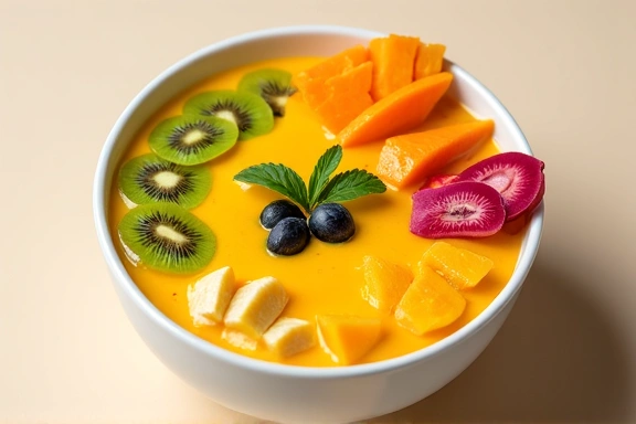 A bowl of vibrant tropical smoothie, garnished with fresh fruits like mango, dragon fruit, and banana slices.