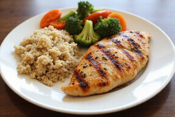 A plate featuring a balanced meal with grilled chicken, quinoa, and steamed vegetables, representing a healthy dinner.