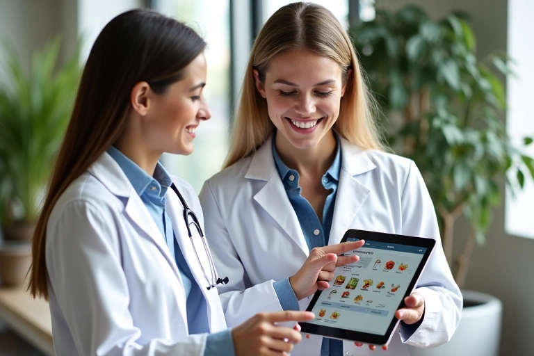 A nutritionist consulting with a client, pointing to a personalized meal plan on a tablet, in a bright, modern office setting.