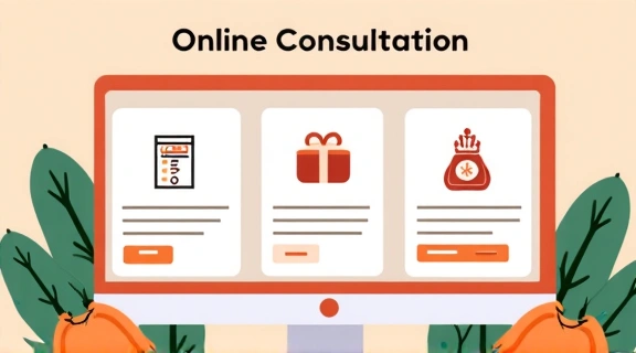 Illustration of a simple three-step process: fill form, schedule, consult online.