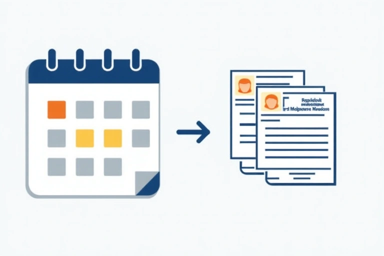 A calendar with a highlighted date and an arrow pointing to a new version document, symbolizing policy updates.