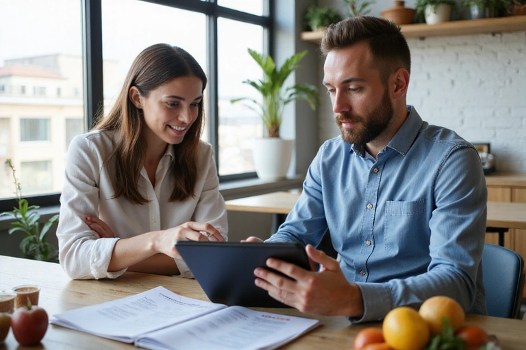 A nutritionist consulting with a client, demonstrating service provision and communication.