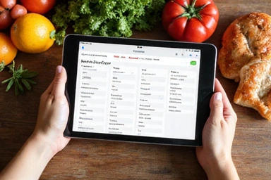 A person looking at a healthy meal plan on a tablet, with fresh ingredients around.