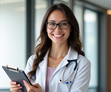 A smiling nutritionist holding a clipboard, symbolizing successful communication and future assistance.